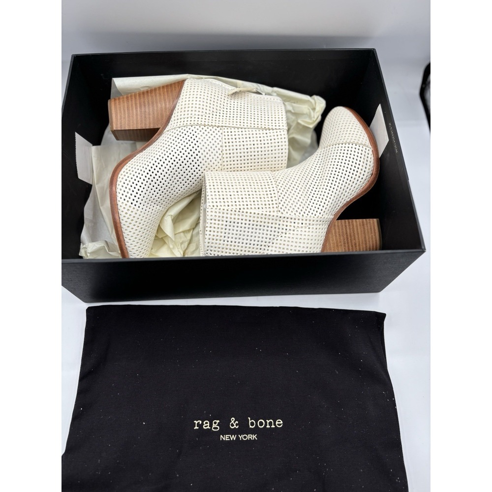 Rag & Bone Newbury Bootie Perforated White Wood Block Heel Zip Close‎ 36.5 W Box